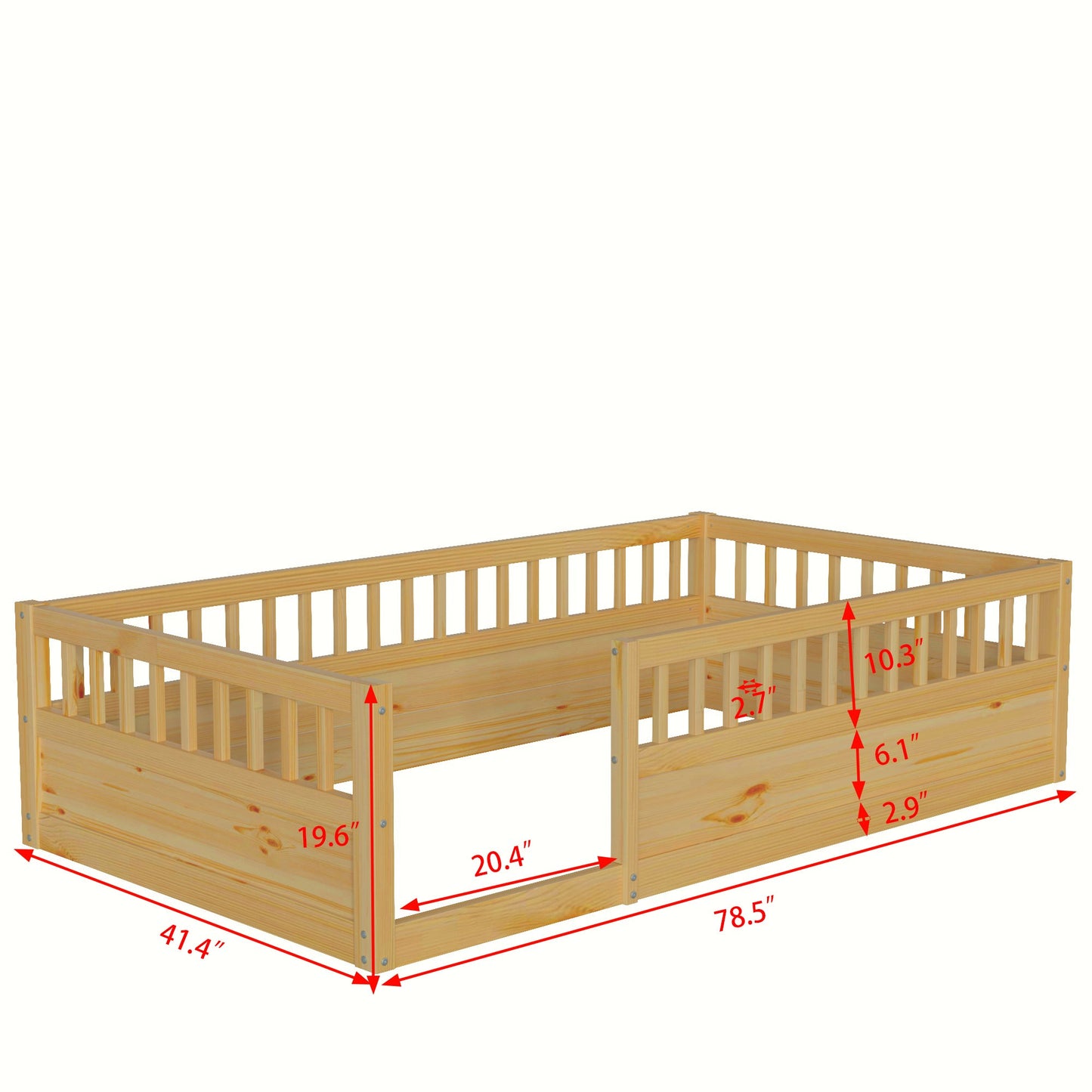 Twin Floor Bed Frame with Fence, Wood Kids Floor Beds Frame for