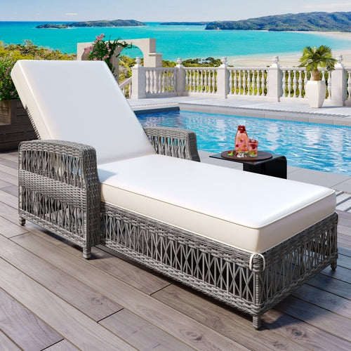 Outdoor Long Reclining Chaise, Wicker Lounge with Armrests, Patio