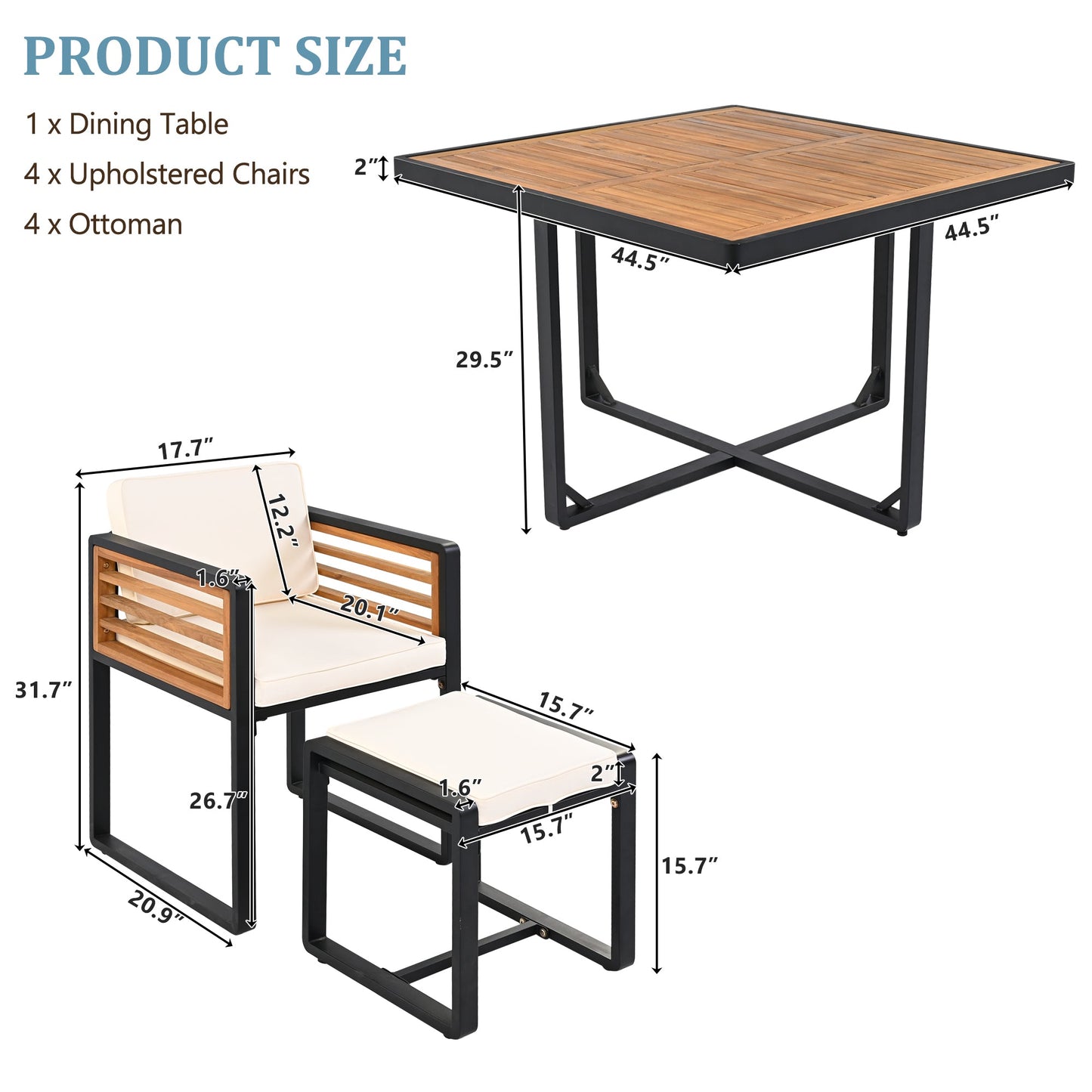 9-Pieces Acacia Wood Patio Dining Set, Space Saving Outdoor Patio Set,