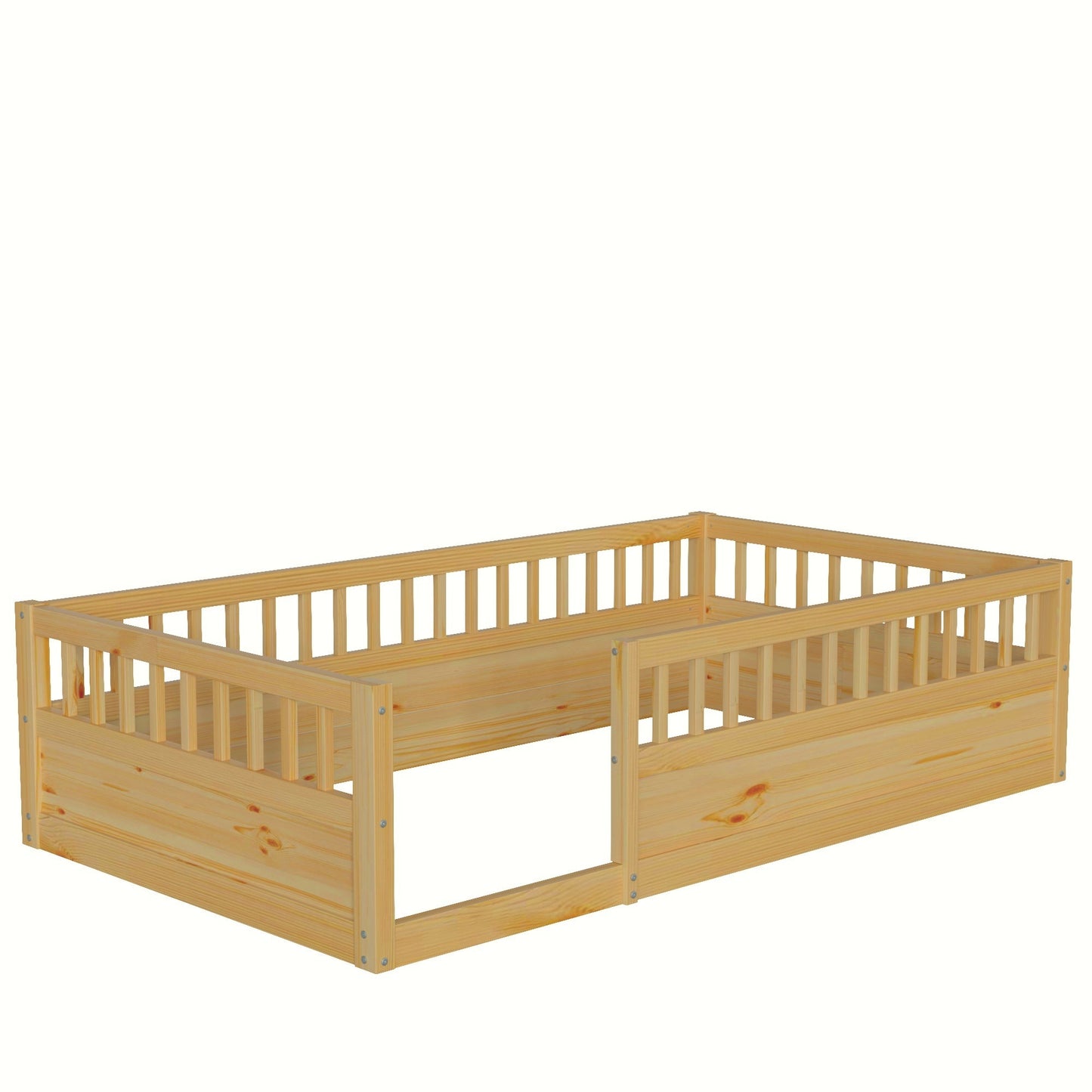 Twin Floor Bed Frame with Fence, Wood Kids Floor Beds Frame for