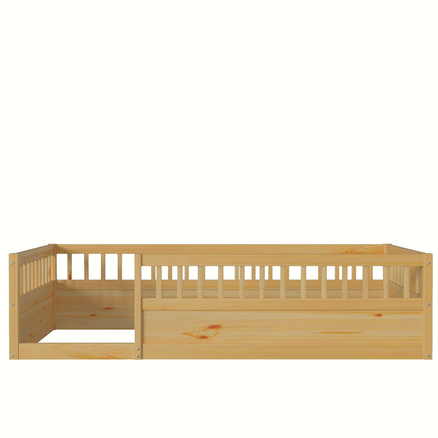 Twin Floor Bed Frame with Fence, Wood Kids Floor Beds Frame for