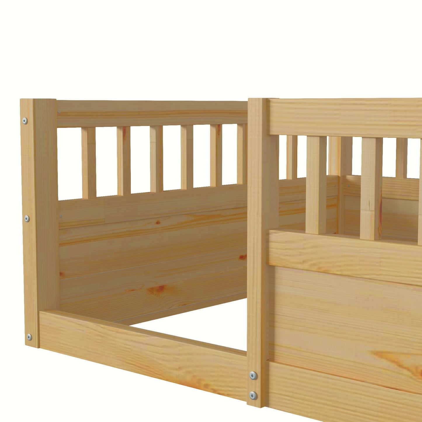 Twin Floor Bed Frame with Fence, Wood Kids Floor Beds Frame for