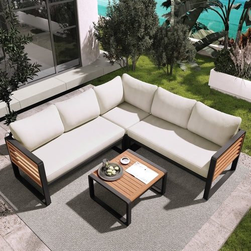 4 Pieces Outdoor Patio Conservation Set, Metal and Wood Frame