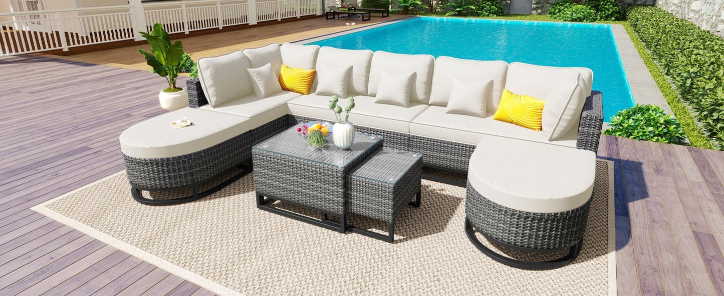 7 Pieces Large Size Outdoor Wicker Sofa Set, Rattan Conservation