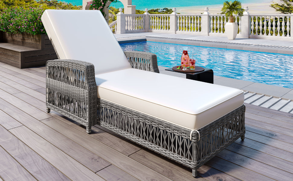 Outdoor Long Reclining Chaise, Wicker Lounge with Armrests, Patio