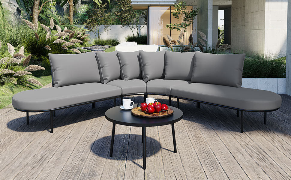 Patio Half- Moon Curved Outdoor Furniture Sofa Set with Coffee Table,