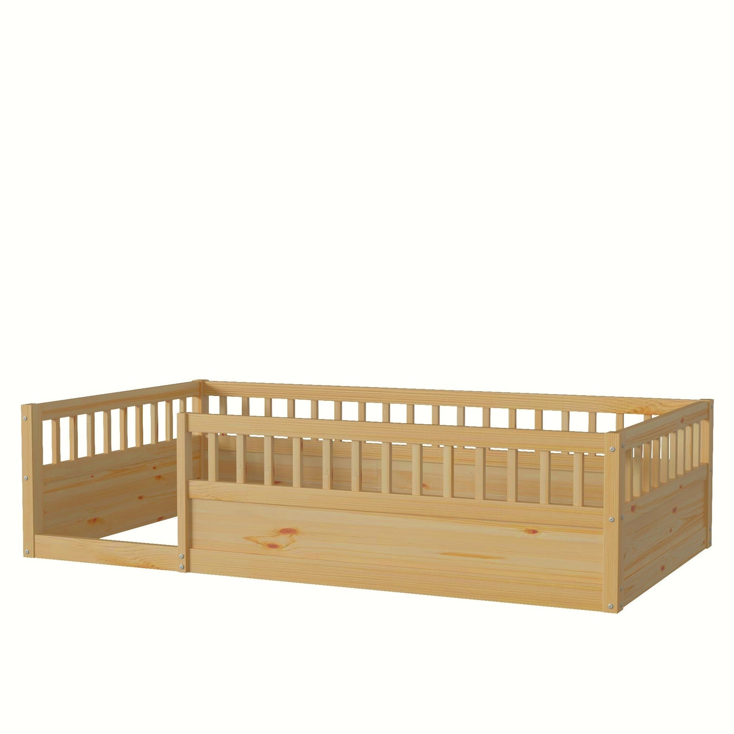 Twin Floor Bed Frame with Fence, Wood Kids Floor Beds Frame for