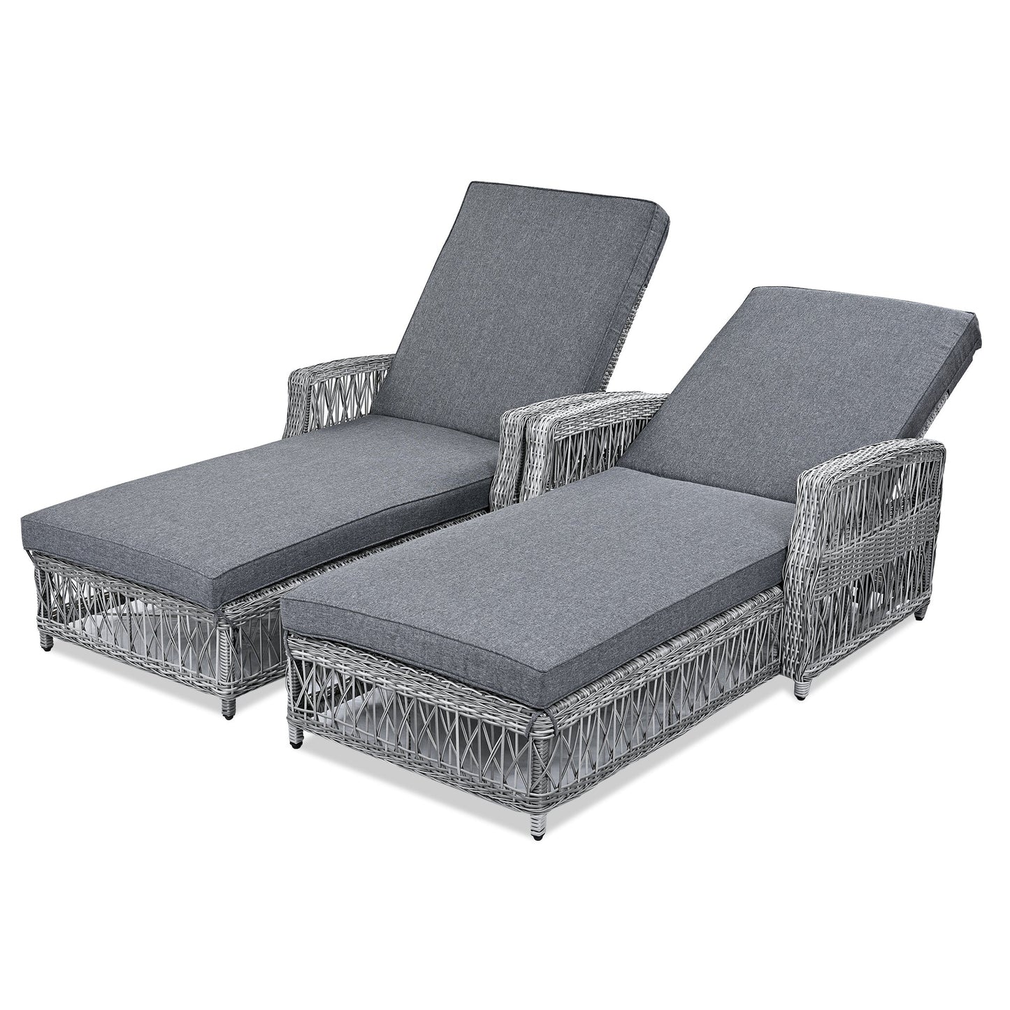 2 Pieces Long Reclining Chaise, Outdoor Wicker Lounge with Armrests,