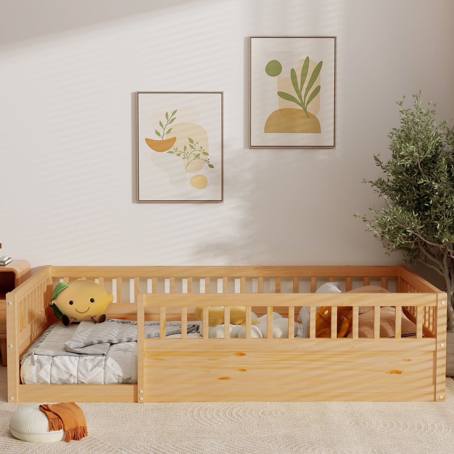 Twin Floor Bed Frame with Fence, Wood Kids Floor Beds Frame for