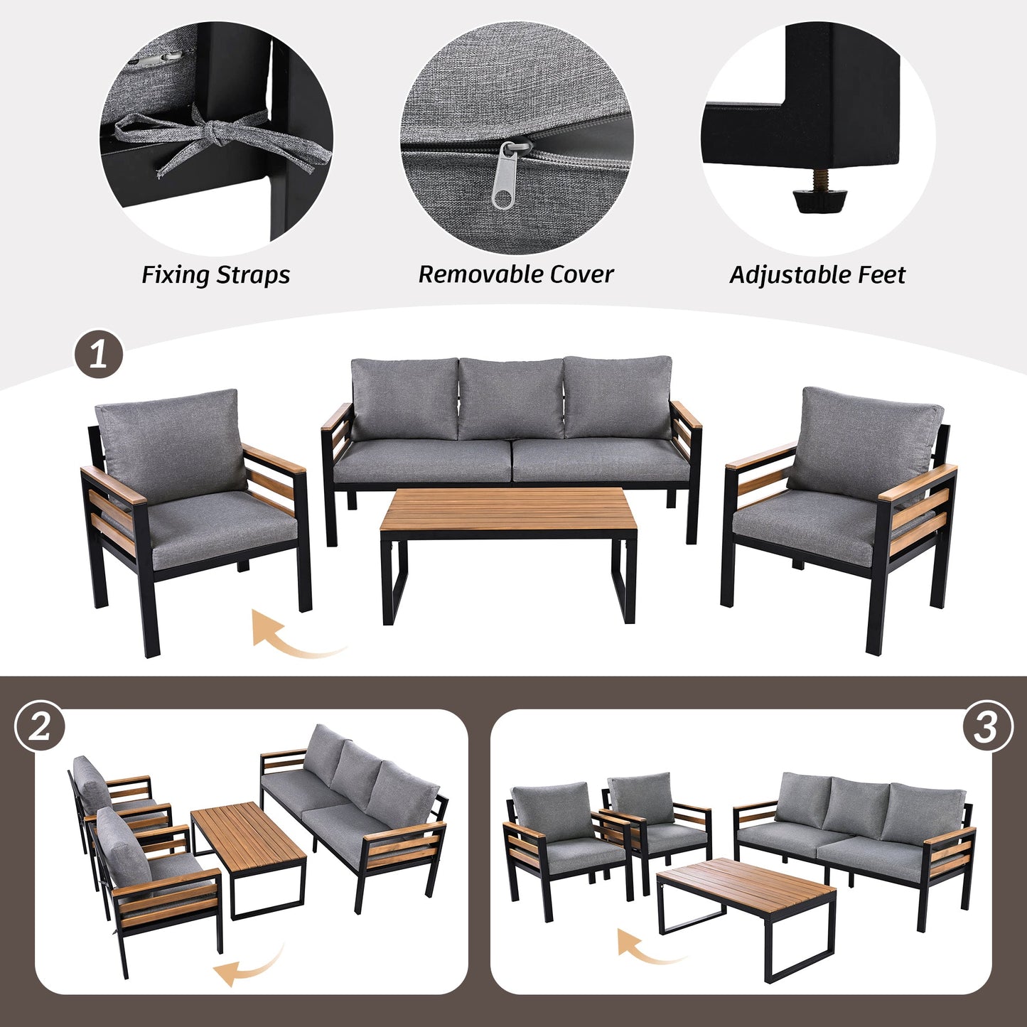 4-Piece Outdoor Furniture Sofa Set for 5 People with Acacia Wood