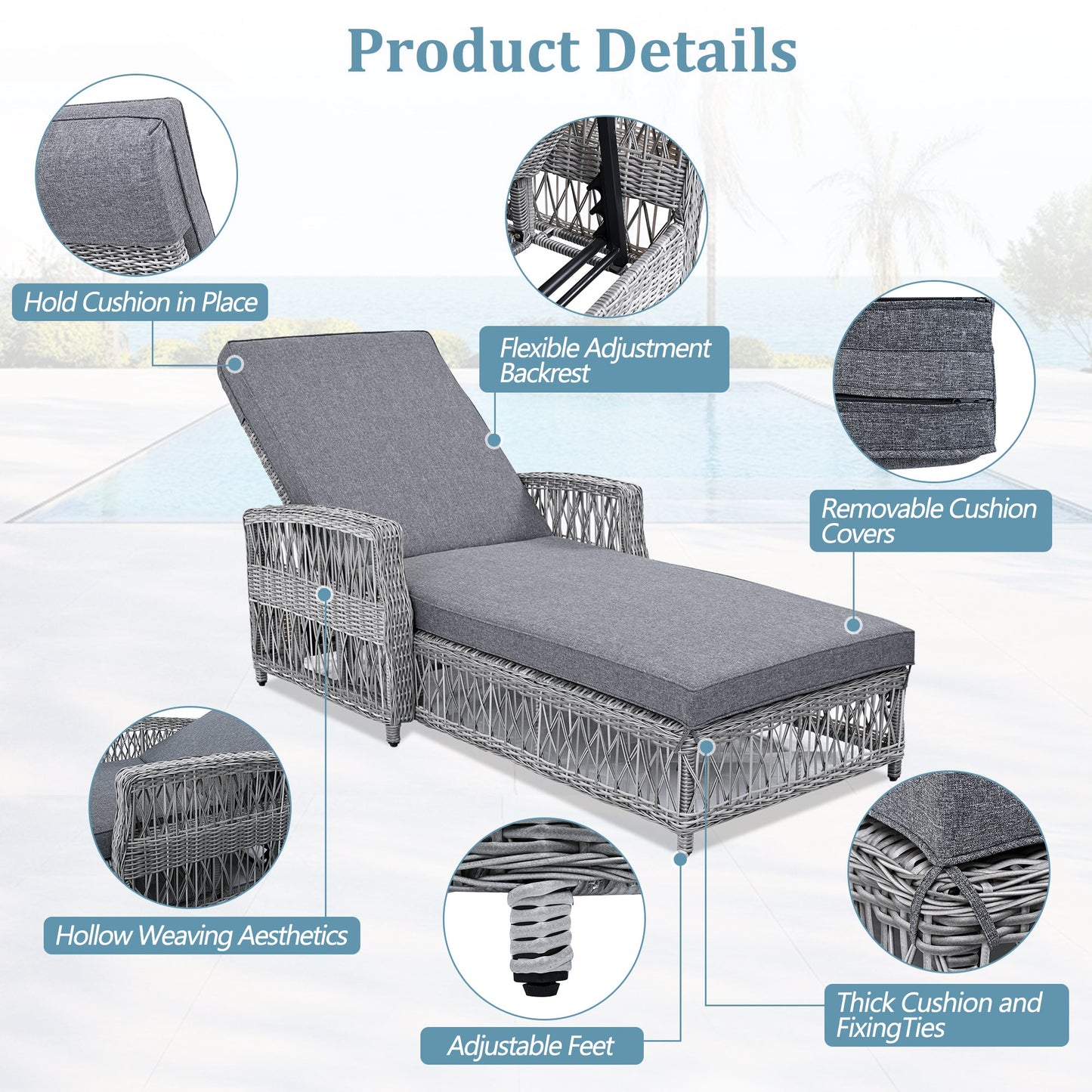 2 Pieces Long Reclining Chaise, Outdoor Wicker Lounge with Armrests,