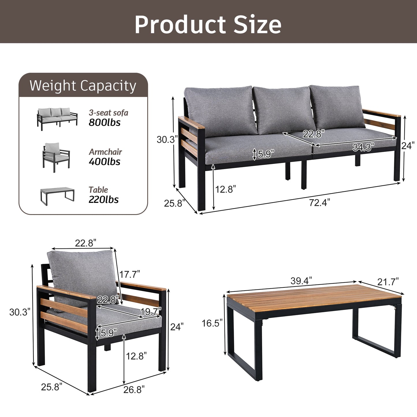 4-Piece Outdoor Furniture Sofa Set for 5 People with Acacia Wood