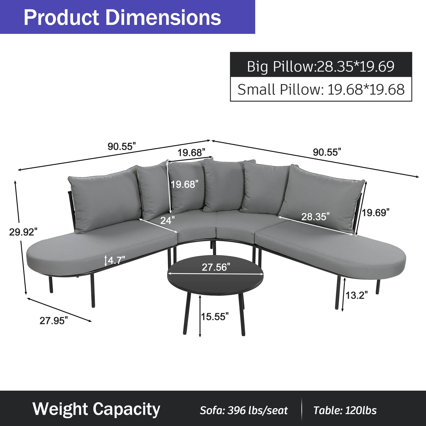 Patio Half- Moon Curved Outdoor Furniture Sofa Set with Coffee Table,