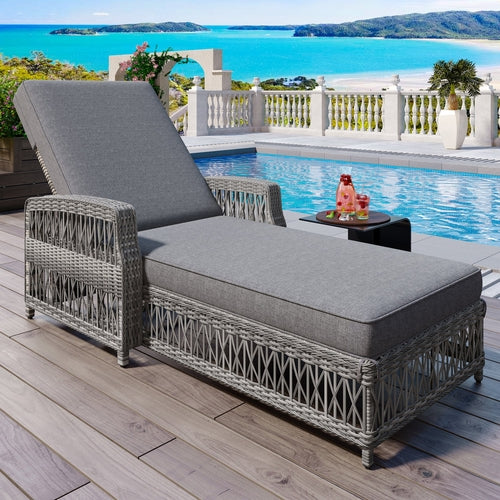 Outdoor Long Reclining Chaise, Wicker Lounge with Armrests, Patio