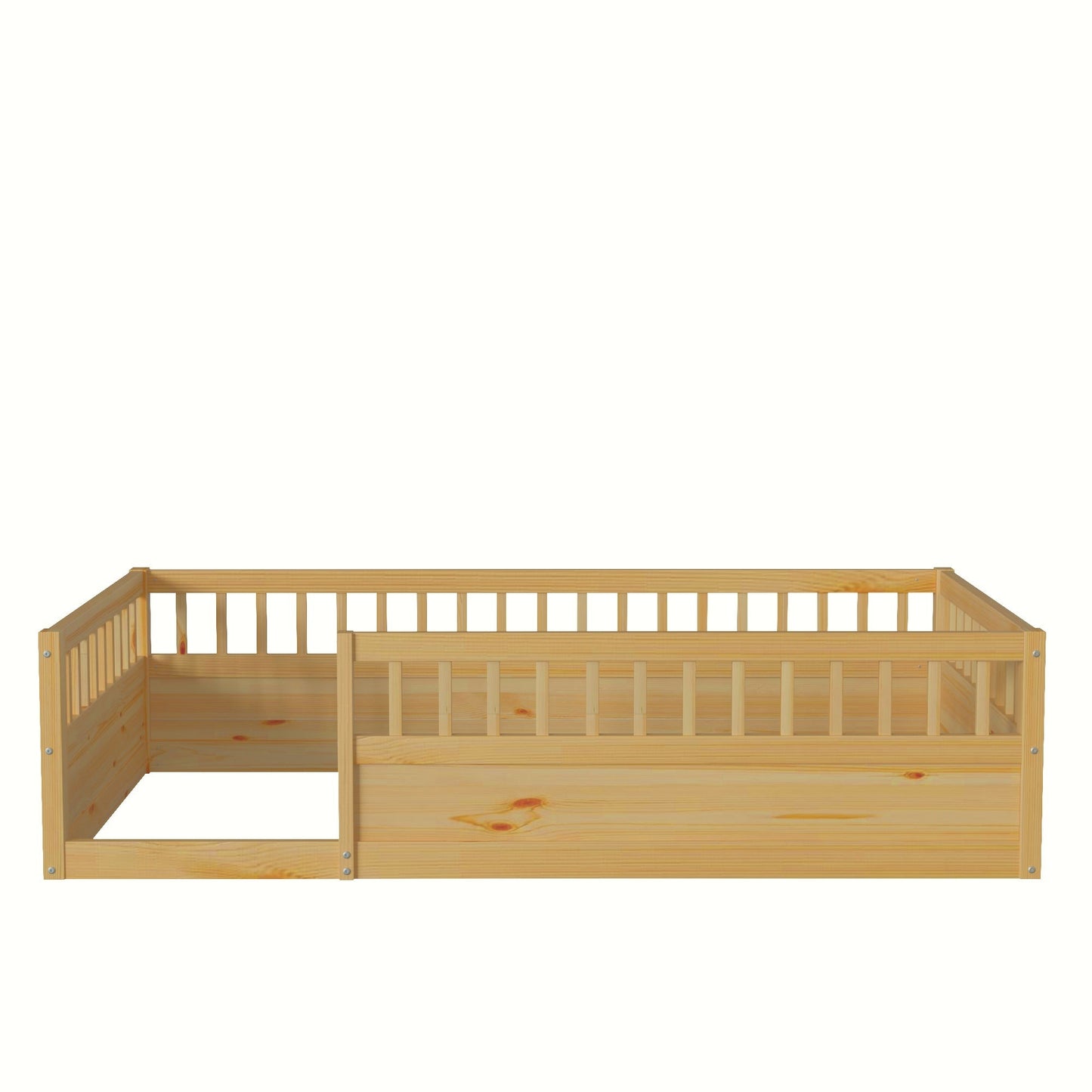 Twin Floor Bed Frame with Fence, Wood Kids Floor Beds Frame for