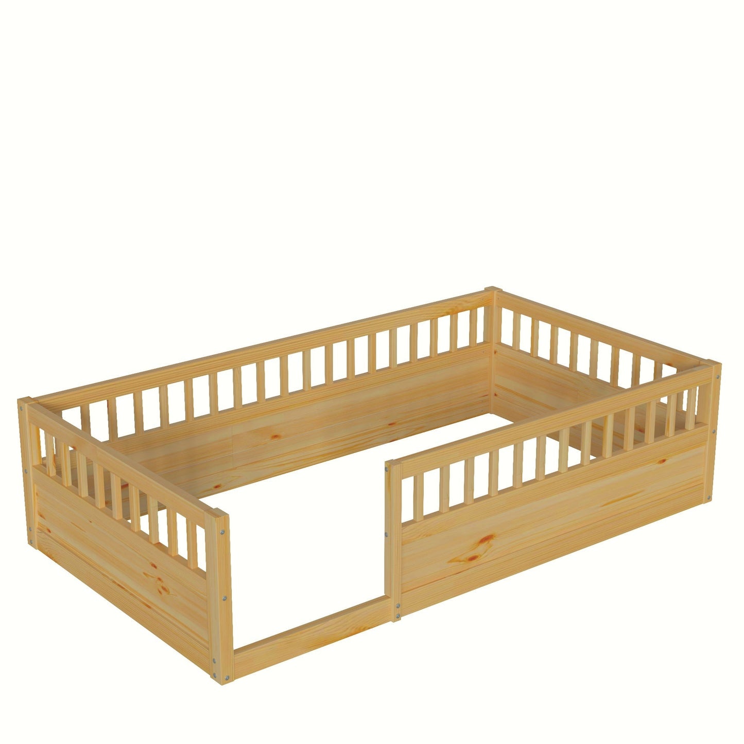 Twin Floor Bed Frame with Fence, Wood Kids Floor Beds Frame for
