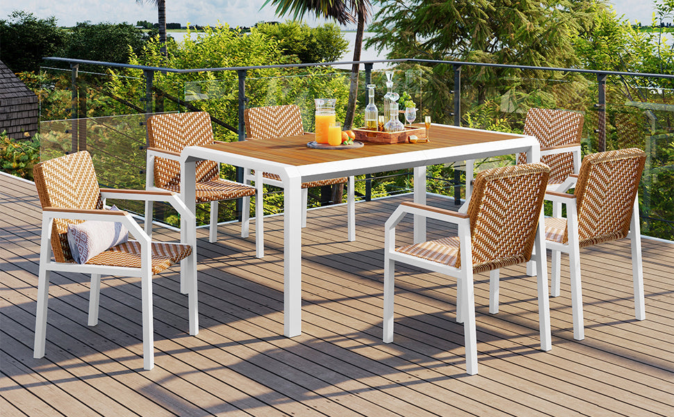 7 Piece Patio Dining Table Set, Outdoor Wicker Furniture Set of 6