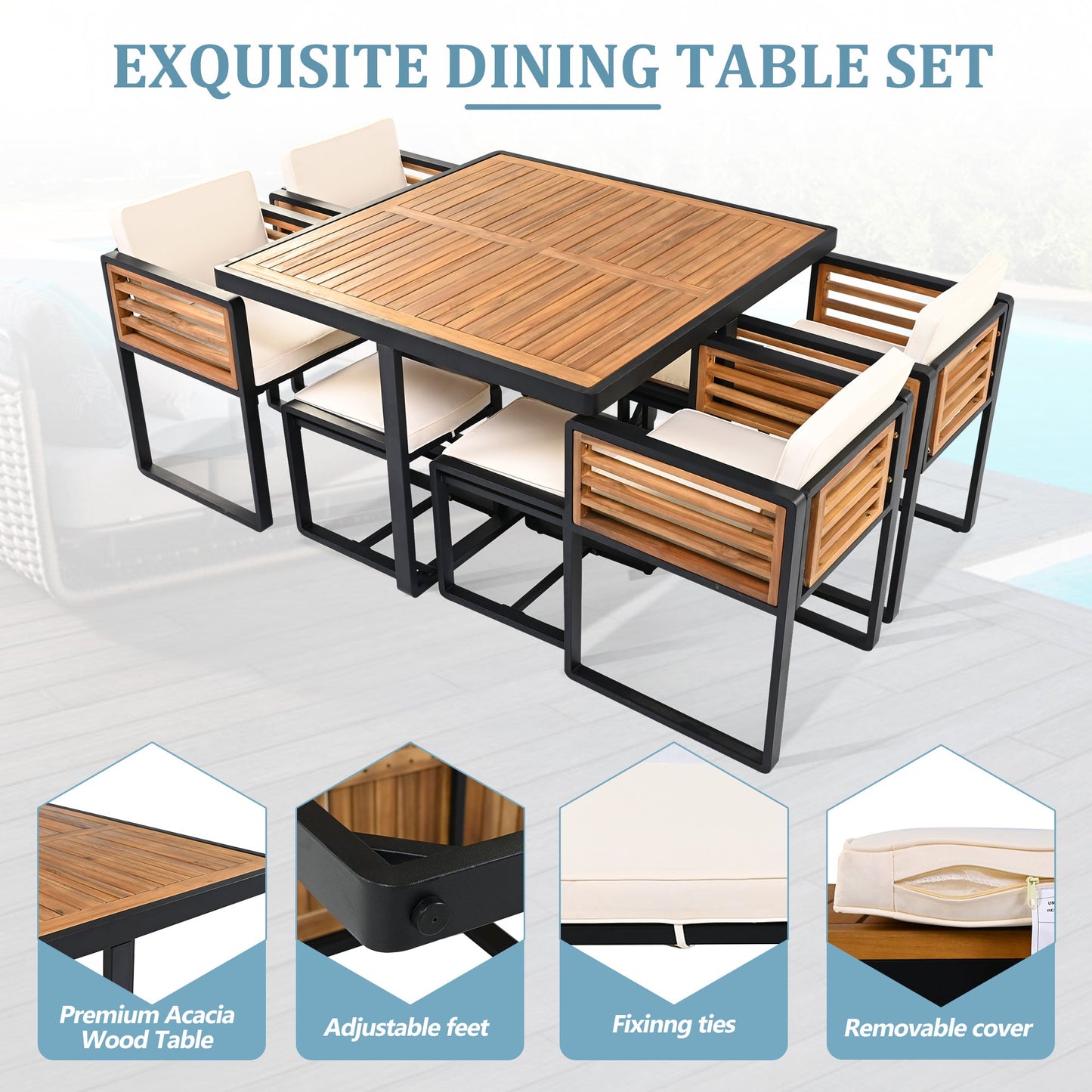 9-Pieces Acacia Wood Patio Dining Set, Space Saving Outdoor Patio Set,