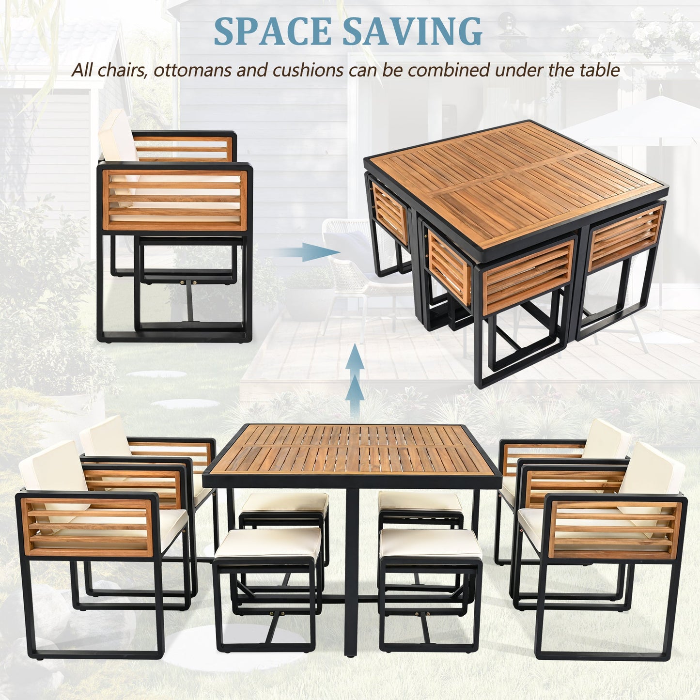9-Pieces Acacia Wood Patio Dining Set, Space Saving Outdoor Patio Set,