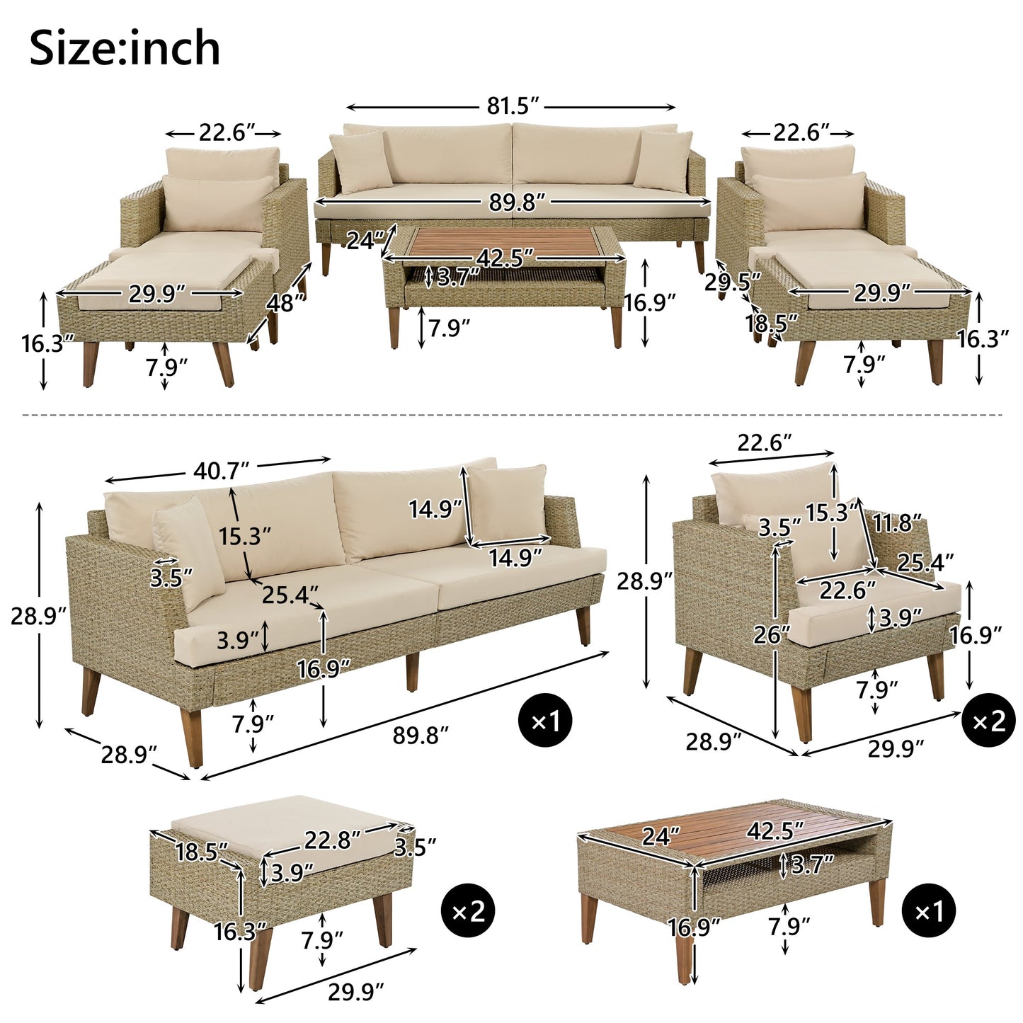 6-Pieces All Weather PE Wicker Sofa Set, Outdoor Rattan sofa With