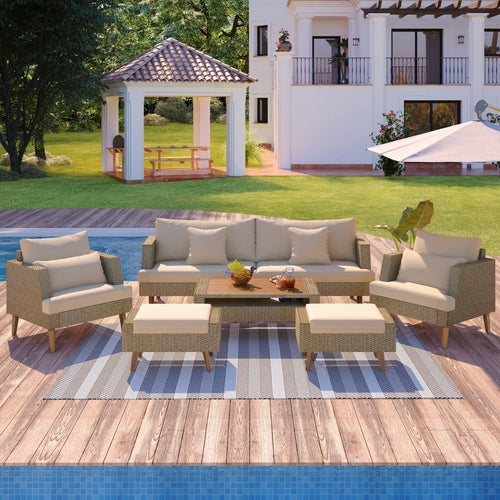 6-Pieces All Weather PE Wicker Sofa Set, Outdoor Rattan sofa With