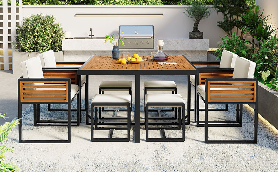 9-Pieces Acacia Wood Patio Dining Set, Space Saving Outdoor Patio Set,