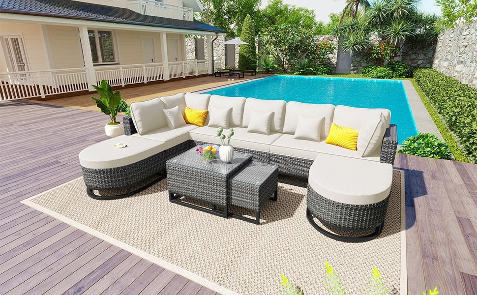 7 Pieces Large Size Outdoor Wicker Sofa Set, Rattan Conservation