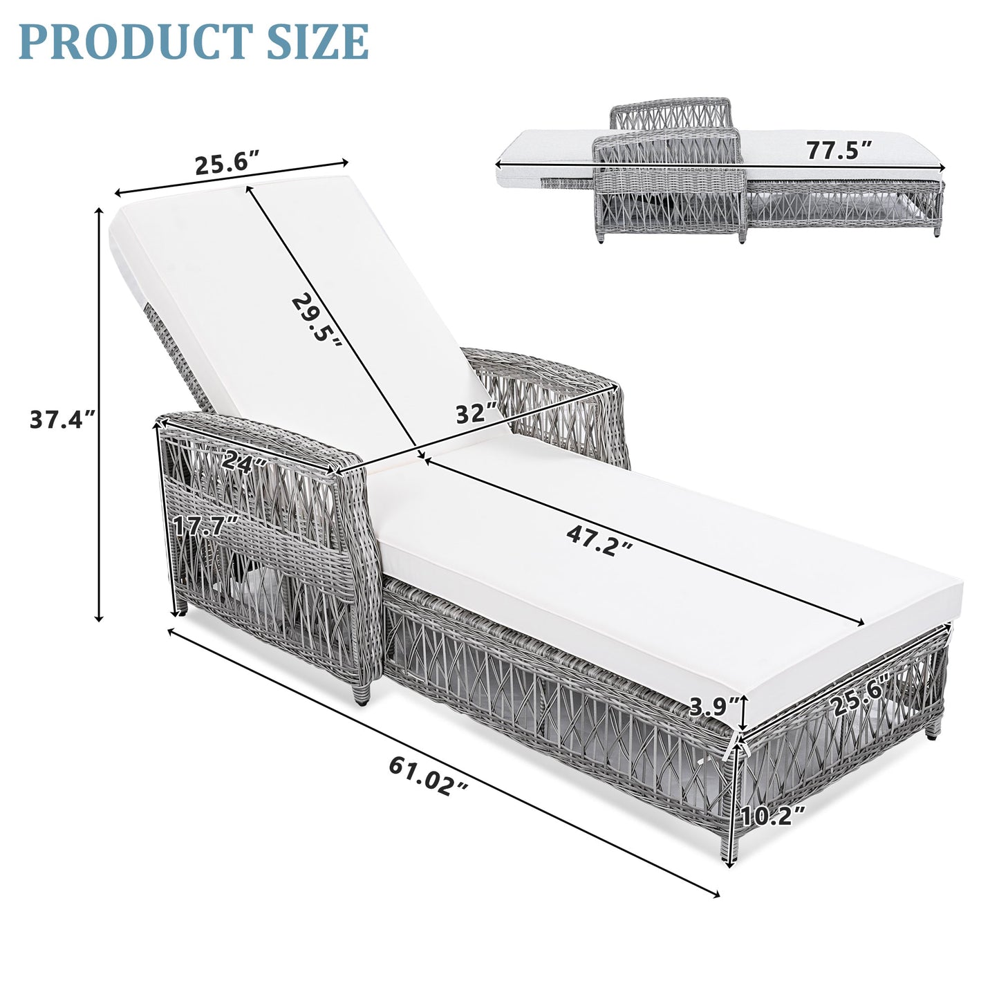 2 Pieces Long Reclining Chaise, Outdoor Wicker Lounge with Armrests,