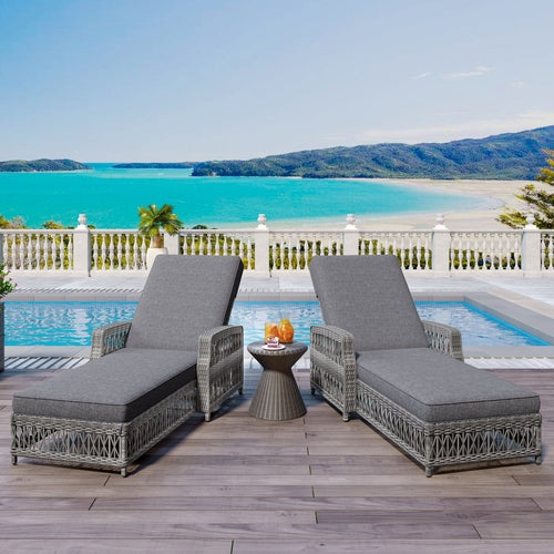 2 Pieces Long Reclining Chaise, Outdoor Wicker Lounge with Armrests,