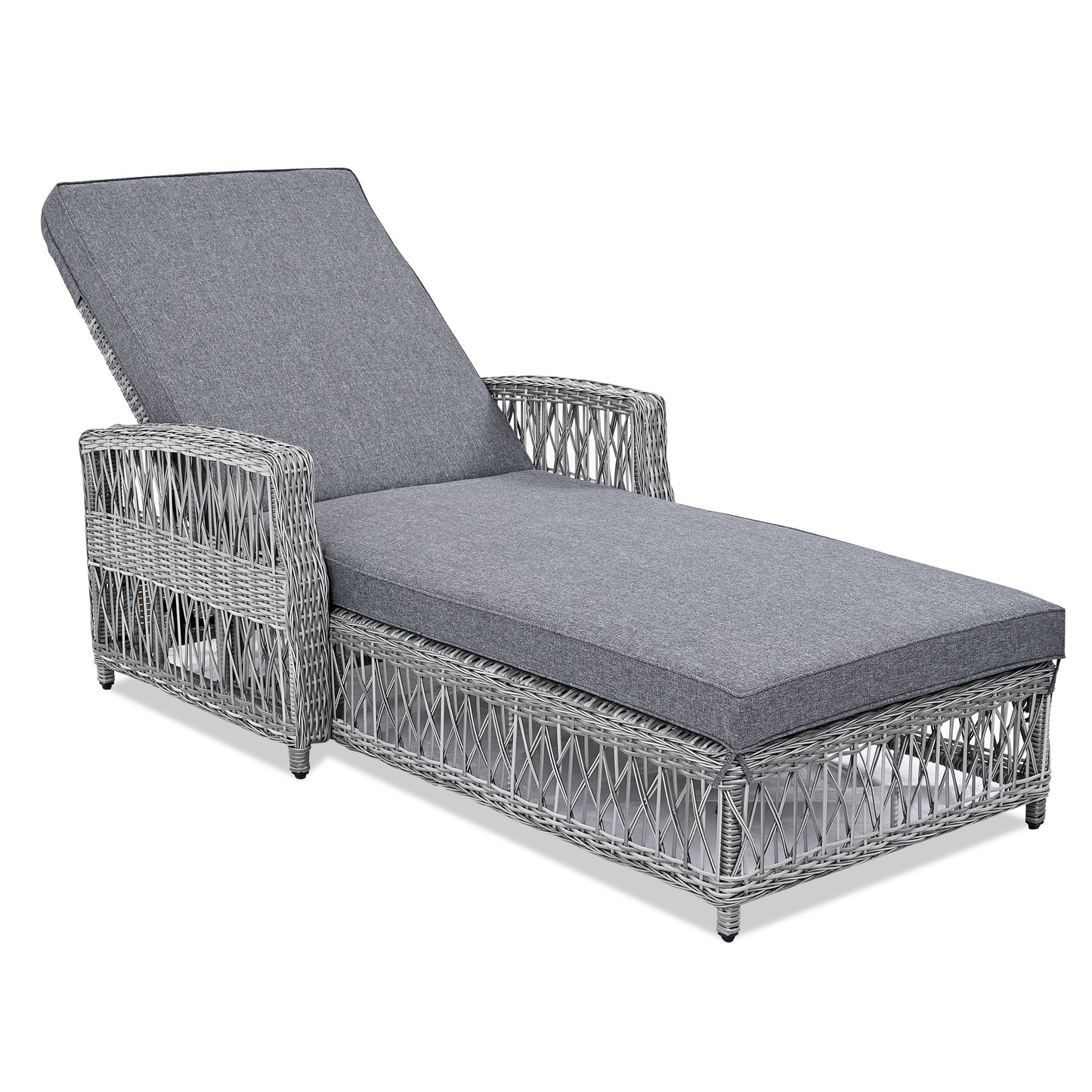 2 Pieces Long Reclining Chaise, Outdoor Wicker Lounge with Armrests,