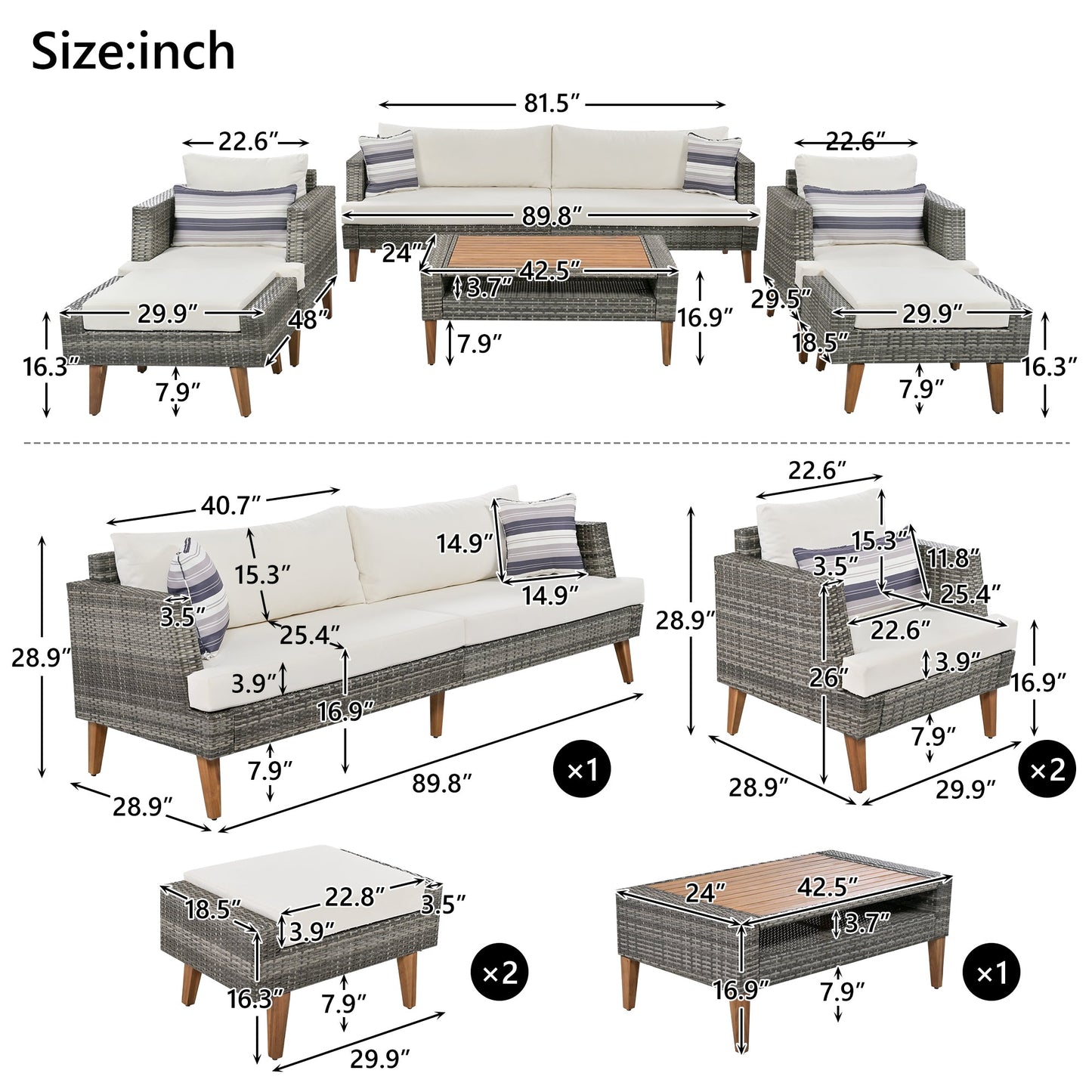 6-Pieces All Weather PE Wicker Sofa Set, Outdoor Rattan sofa With
