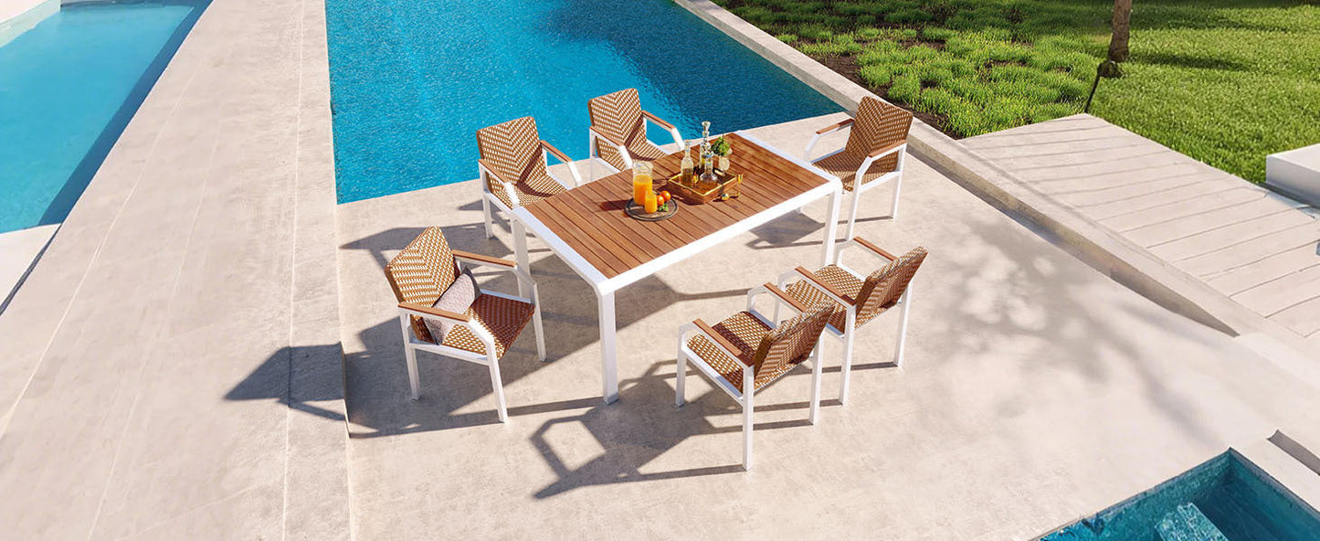 7 Piece Patio Dining Table Set, Outdoor Wicker Furniture Set of 6