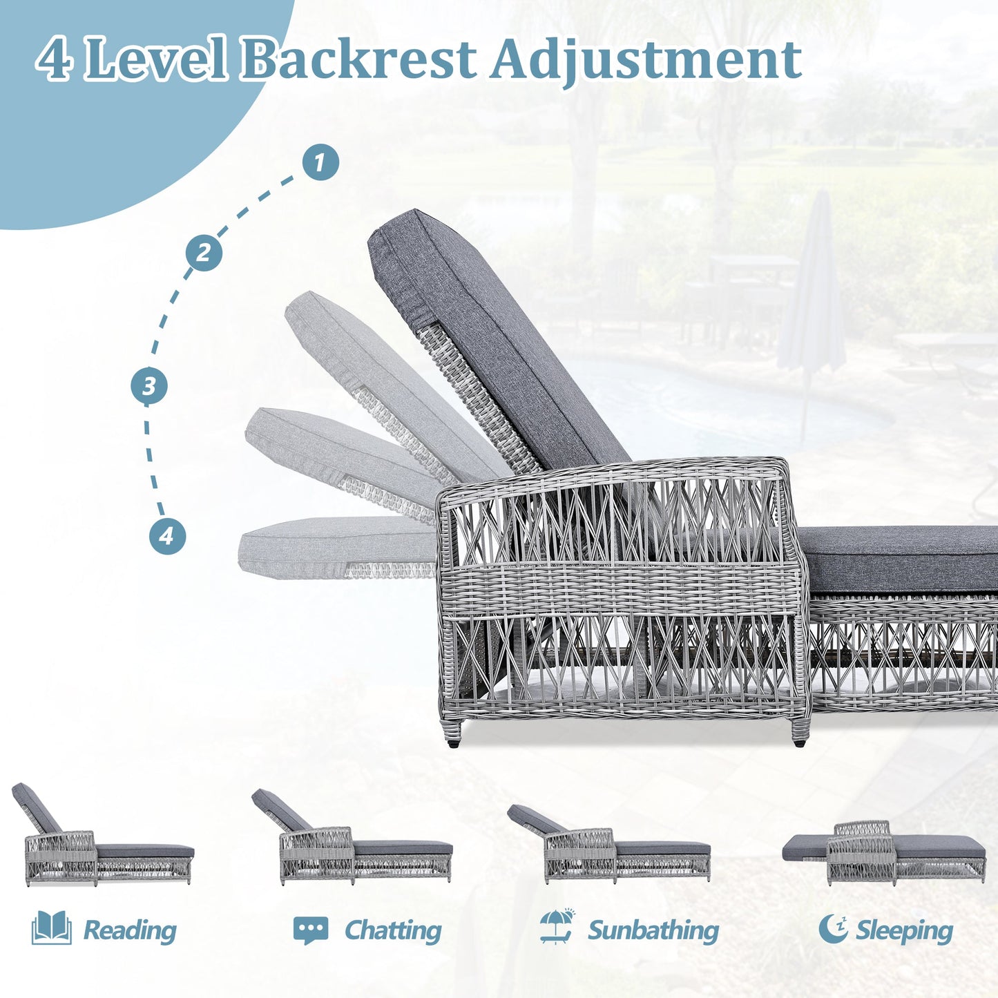2 Pieces Long Reclining Chaise, Outdoor Wicker Lounge with Armrests,