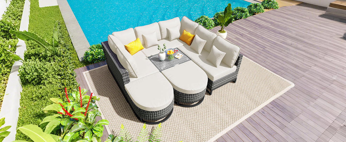 7 Pieces Large Size Outdoor Wicker Sofa Set, Rattan Conservation
