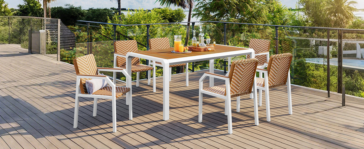 7 Piece Patio Dining Table Set, Outdoor Wicker Furniture Set of 6