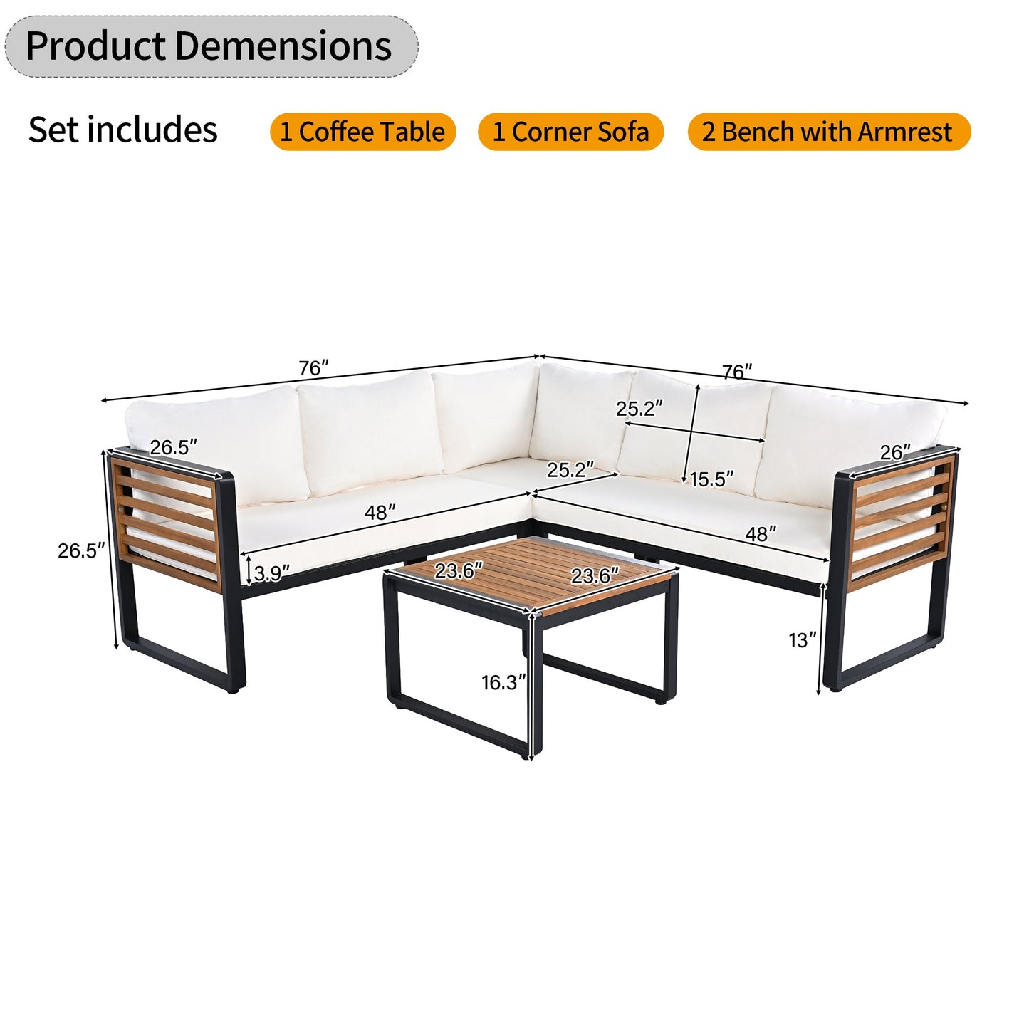 4 Pieces Outdoor Patio Conservation Set, Metal and Wood Frame