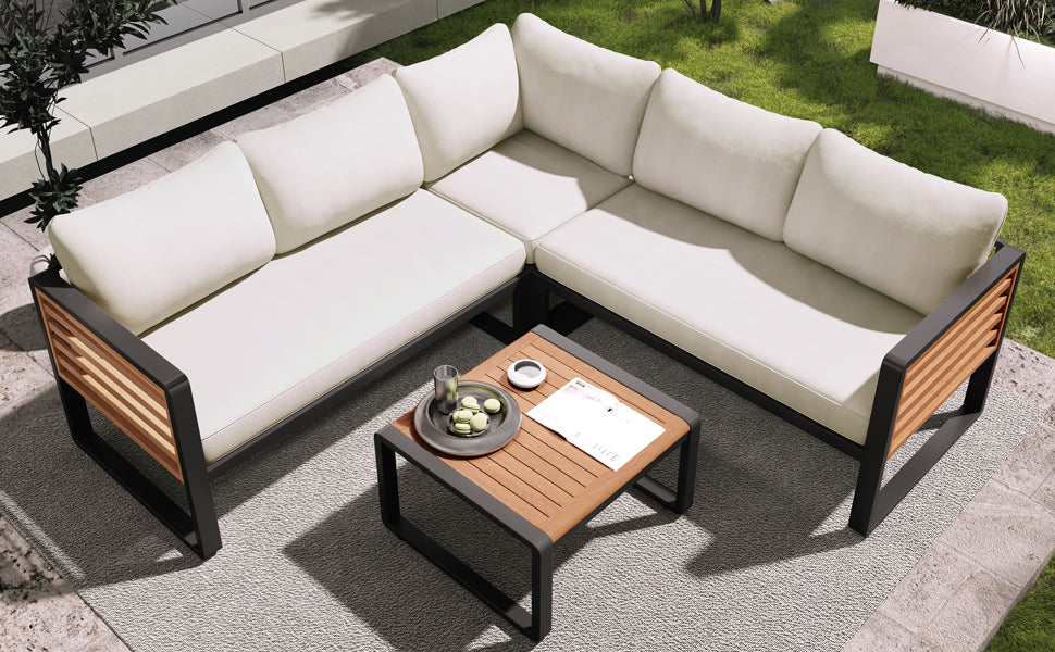 4 Pieces Outdoor Patio Conservation Set, Metal and Wood Frame