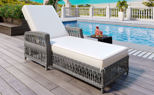 Outdoor Long Reclining Chaise, Wicker Lounge with Armrests, Patio