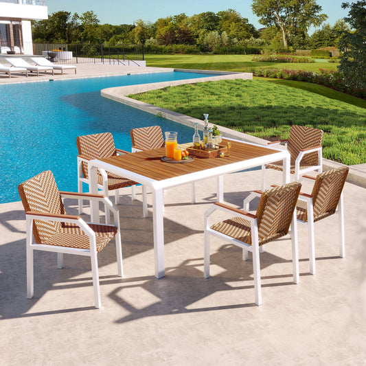 7 Piece Patio Dining Table Set, Outdoor Wicker Furniture Set of 6