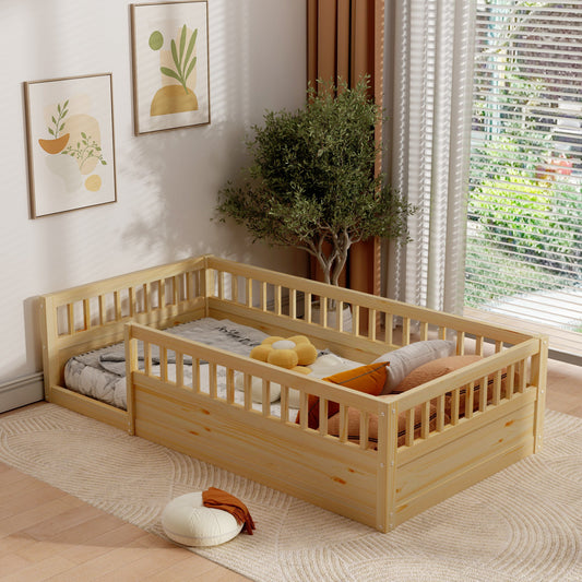 Twin Floor Bed Frame with Fence, Wood Kids Floor Beds Frame for