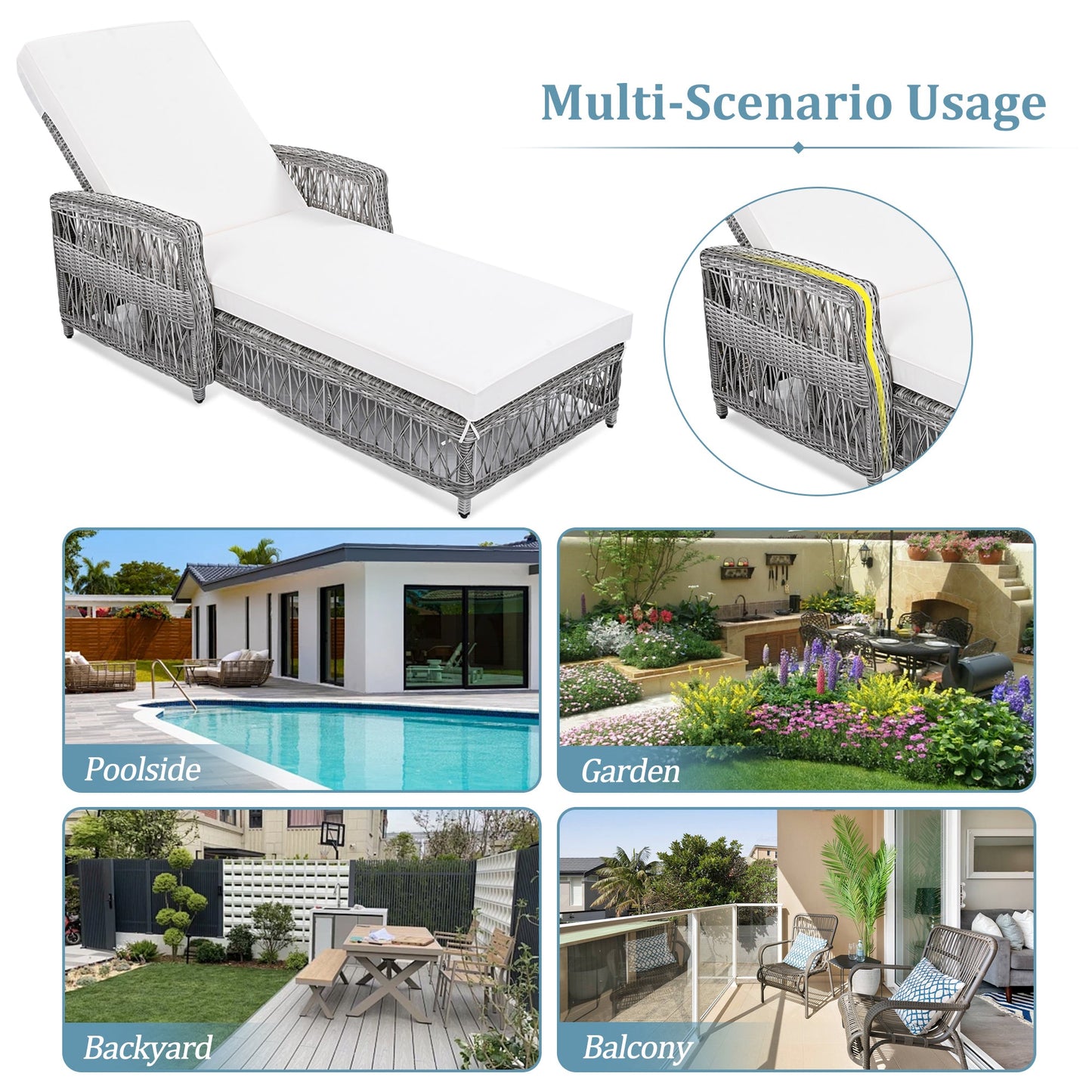 2 Pieces Long Reclining Chaise, Outdoor Wicker Lounge with Armrests,