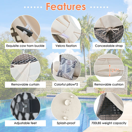 90.5' Length Outdoor Sunbed With Colorful Pillows, Wicker Patio Daybed