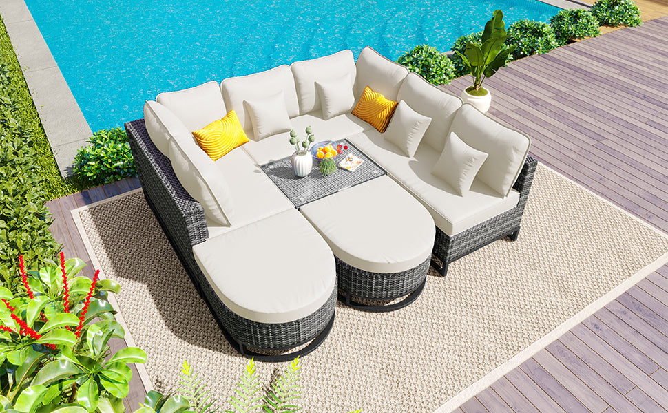 7 Pieces Large Size Outdoor Wicker Sofa Set, Rattan Conservation