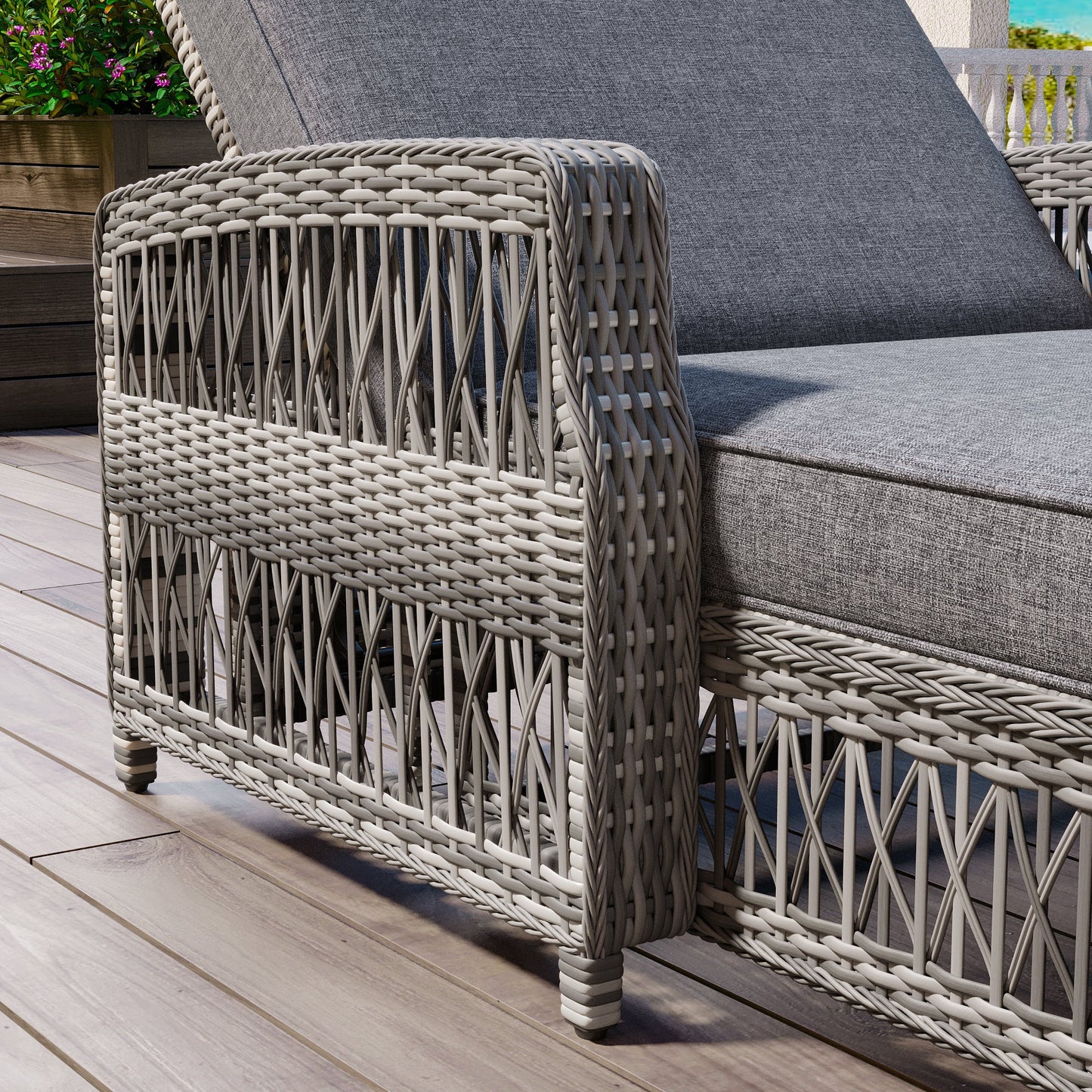 2 Pieces Long Reclining Chaise, Outdoor Wicker Lounge with Armrests,