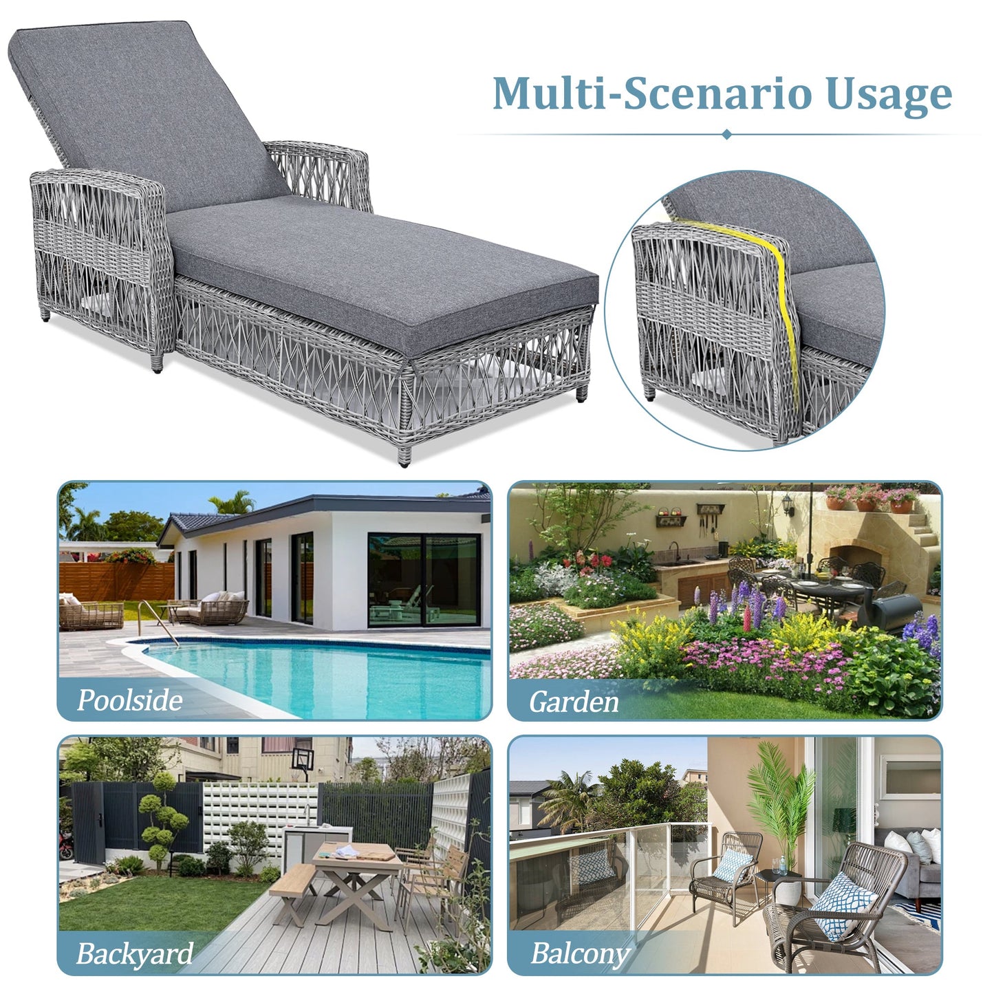 2 Pieces Long Reclining Chaise, Outdoor Wicker Lounge with Armrests,