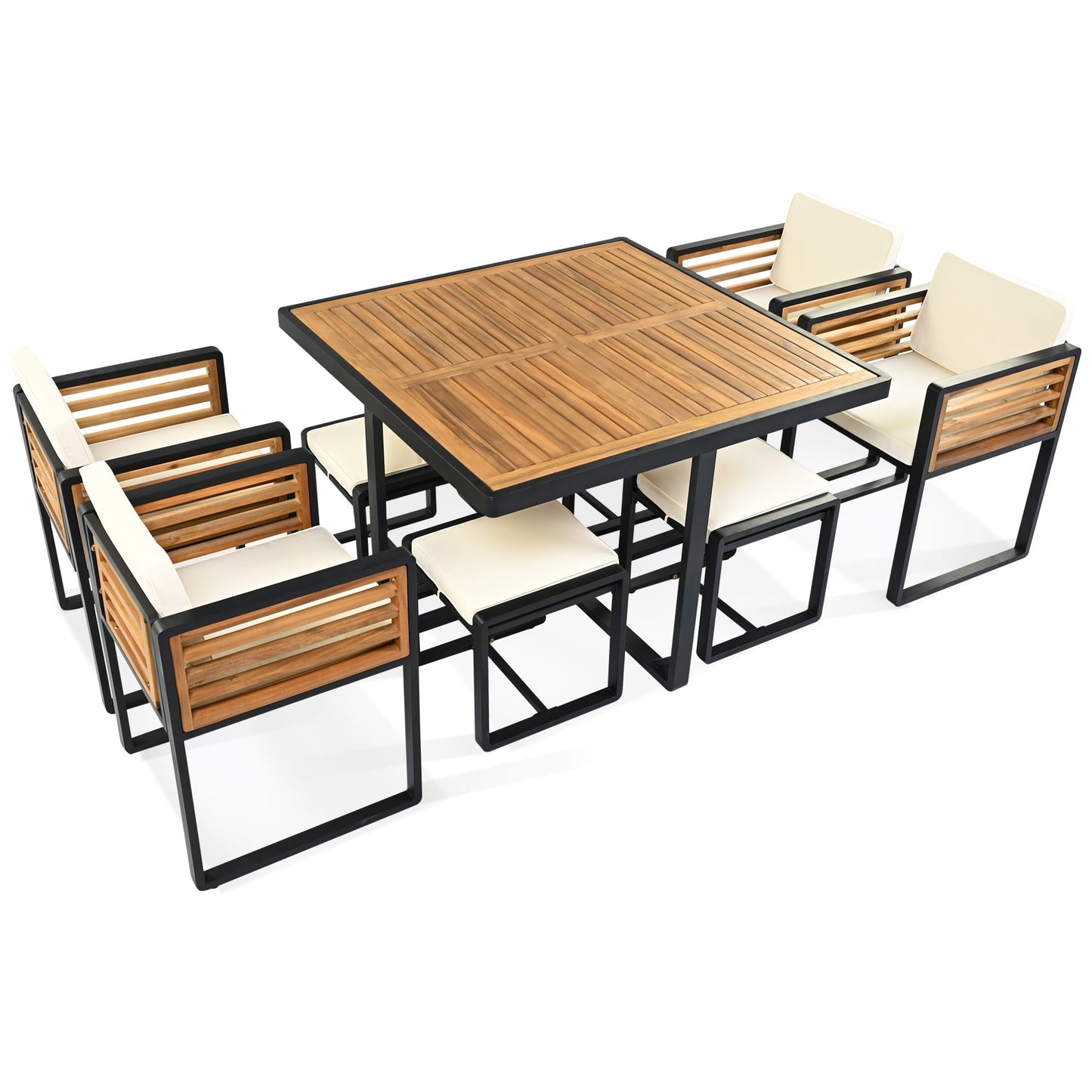 9-Pieces Acacia Wood Patio Dining Set, Space Saving Outdoor Patio Set,