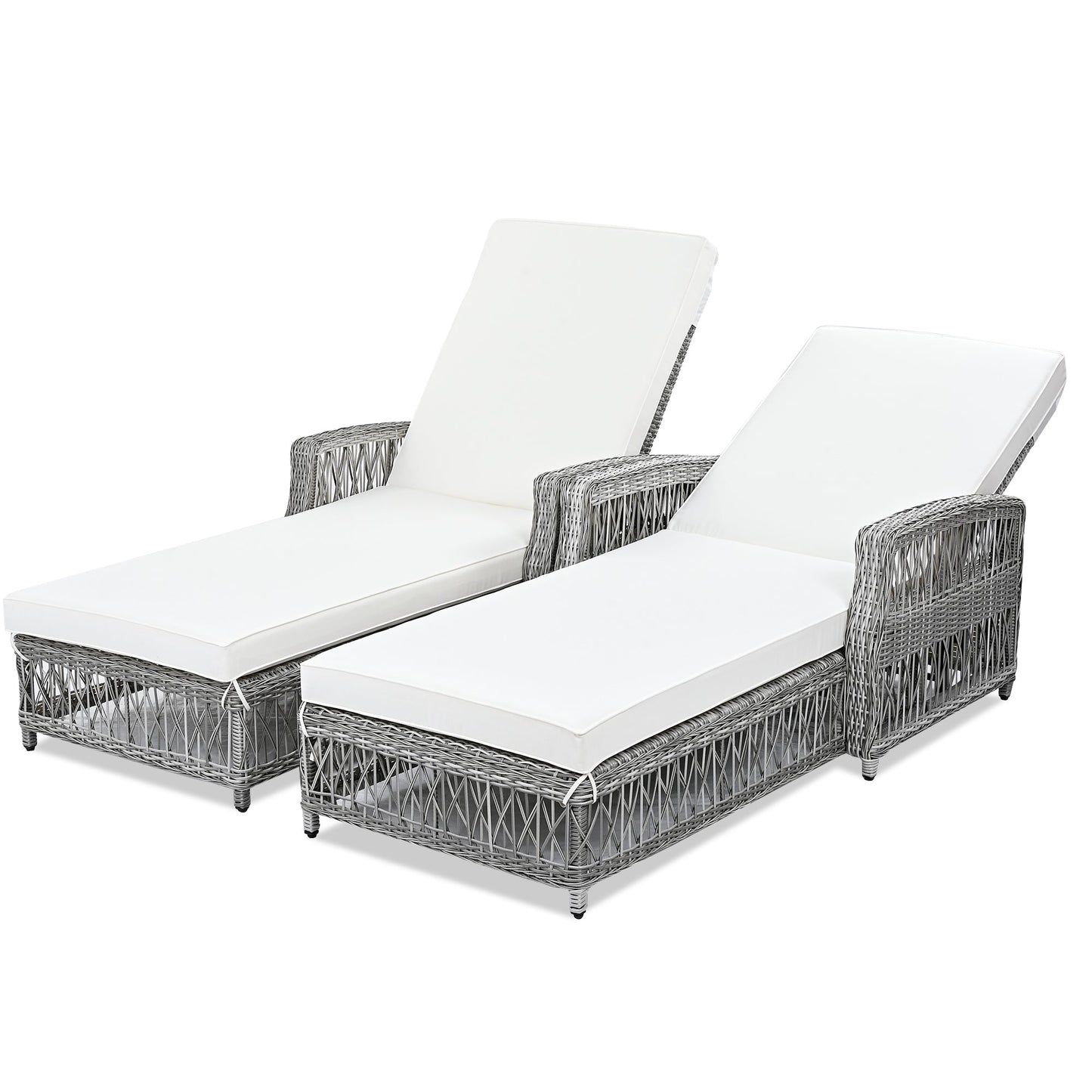 2 Pieces Long Reclining Chaise, Outdoor Wicker Lounge with Armrests,