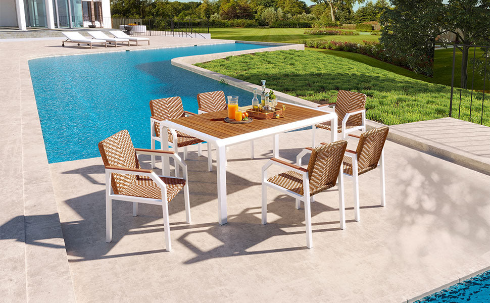 7 Piece Patio Dining Table Set, Outdoor Wicker Furniture Set of 6