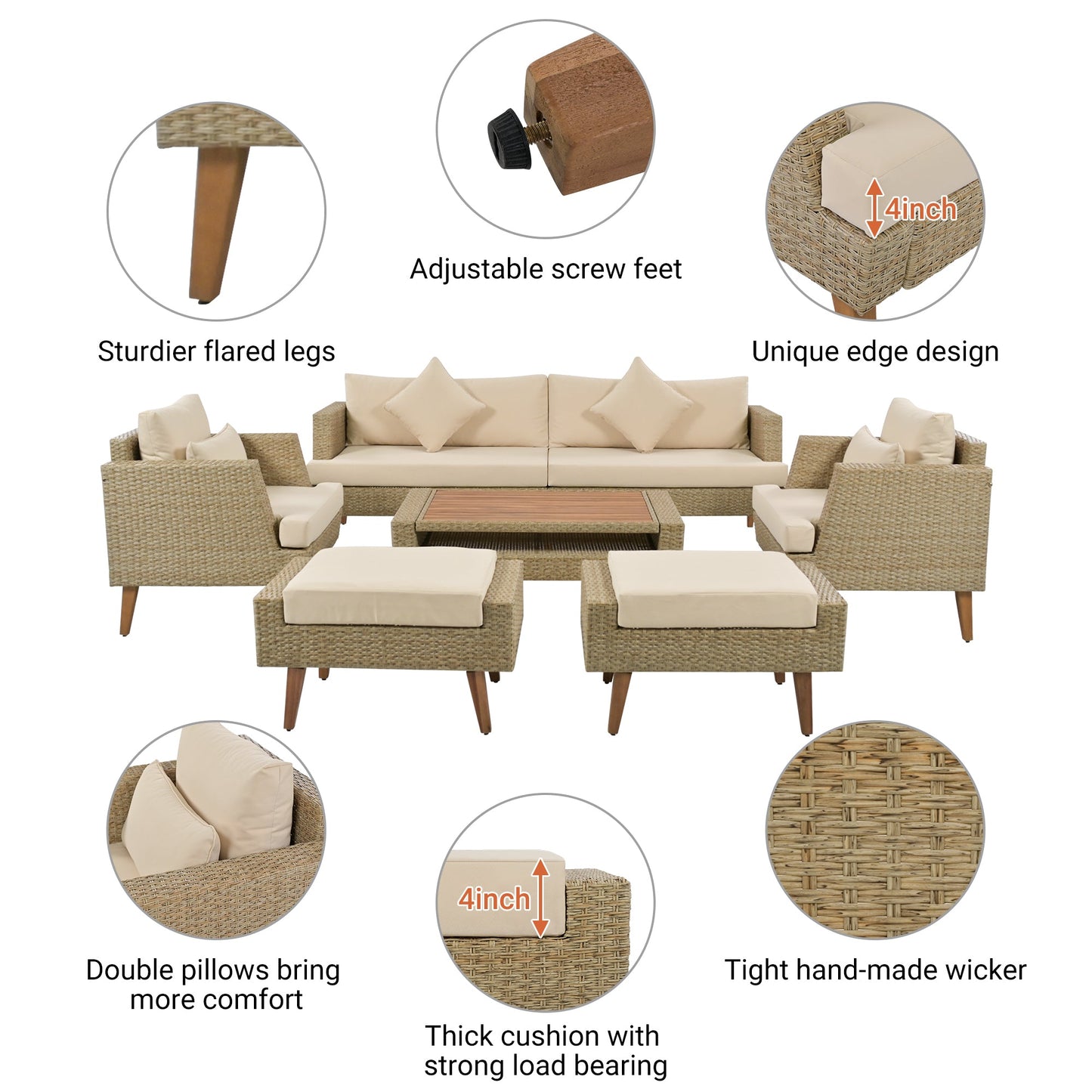 6-Pieces All Weather PE Wicker Sofa Set, Outdoor Rattan sofa With