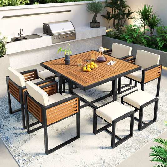 9-Pieces Acacia Wood Patio Dining Set, Space Saving Outdoor Patio Set,